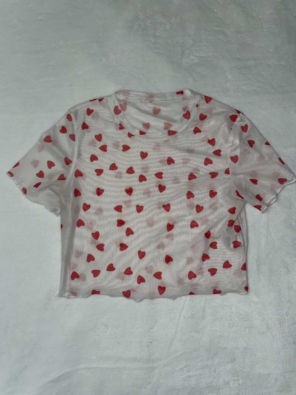 Red Heart Print Mesh Crop Top - Women's Sheer Festival Rave Summer Music Cute
